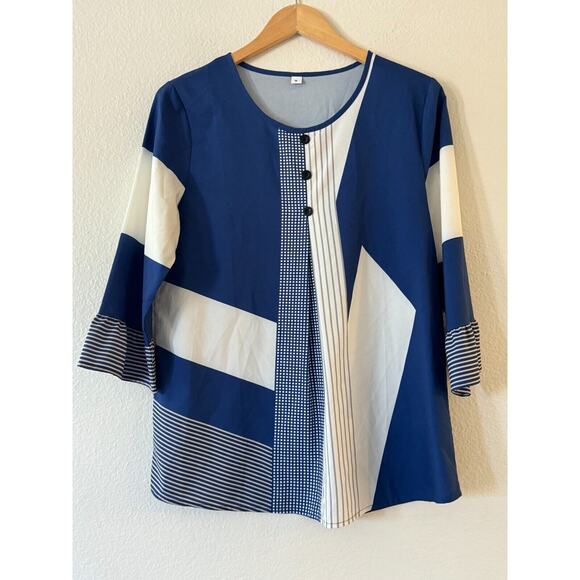 Women's Colorblock Stripe Geometric Blouse - Picture 2 of 7